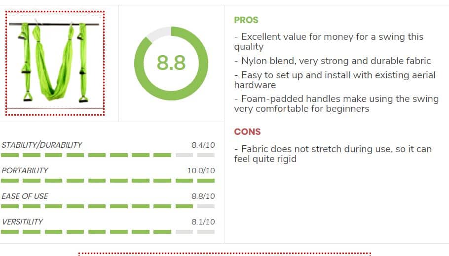 Ultimate swing overview PROS Excellent value for money for a swing this quality Nylon blend, very strong and durable fabric Easy to set up and install with existing aerial hardware Foam-padded handles make using the swing very comfortable for beginners CONS Fabric does not stretch during use, so it can feel quite rigid